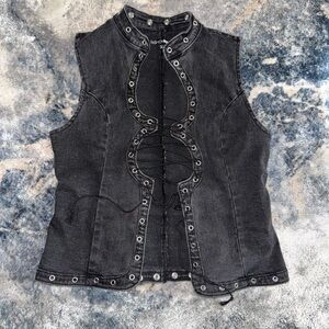 Fashion Nova Charcoal Denim Cropped Vest with Eyelet Accents